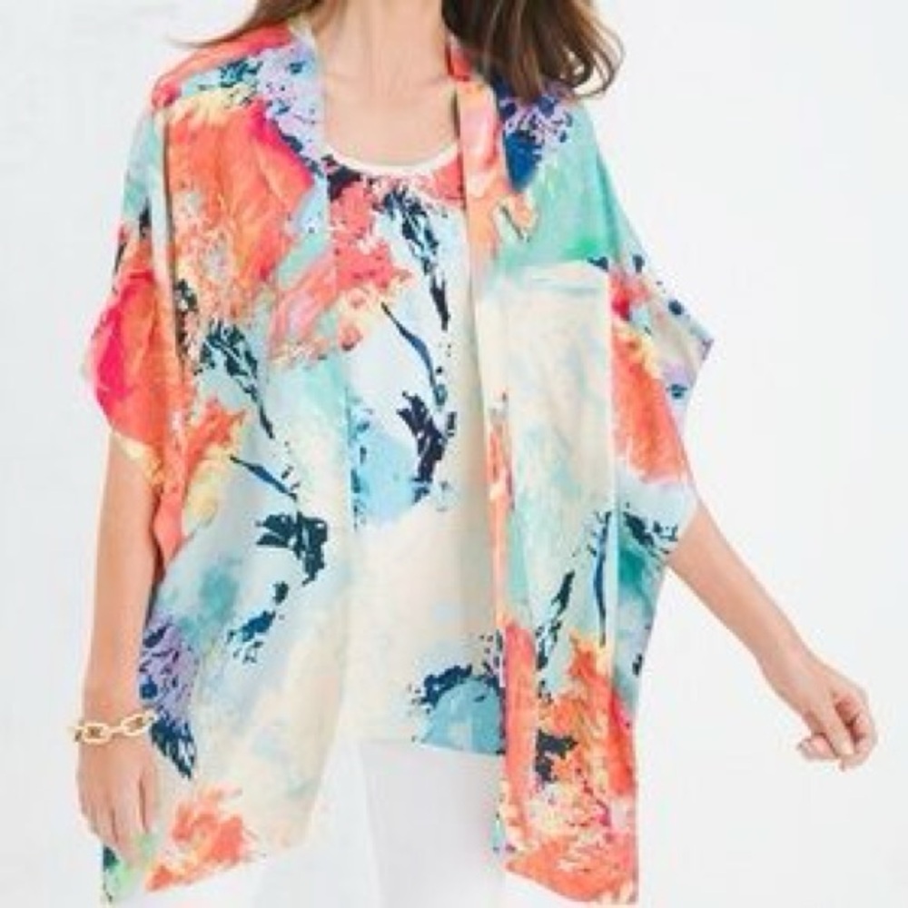 Chico's Wild Floral Abstract Print Ruana Wrap Art to wear Sz 2.5 2X